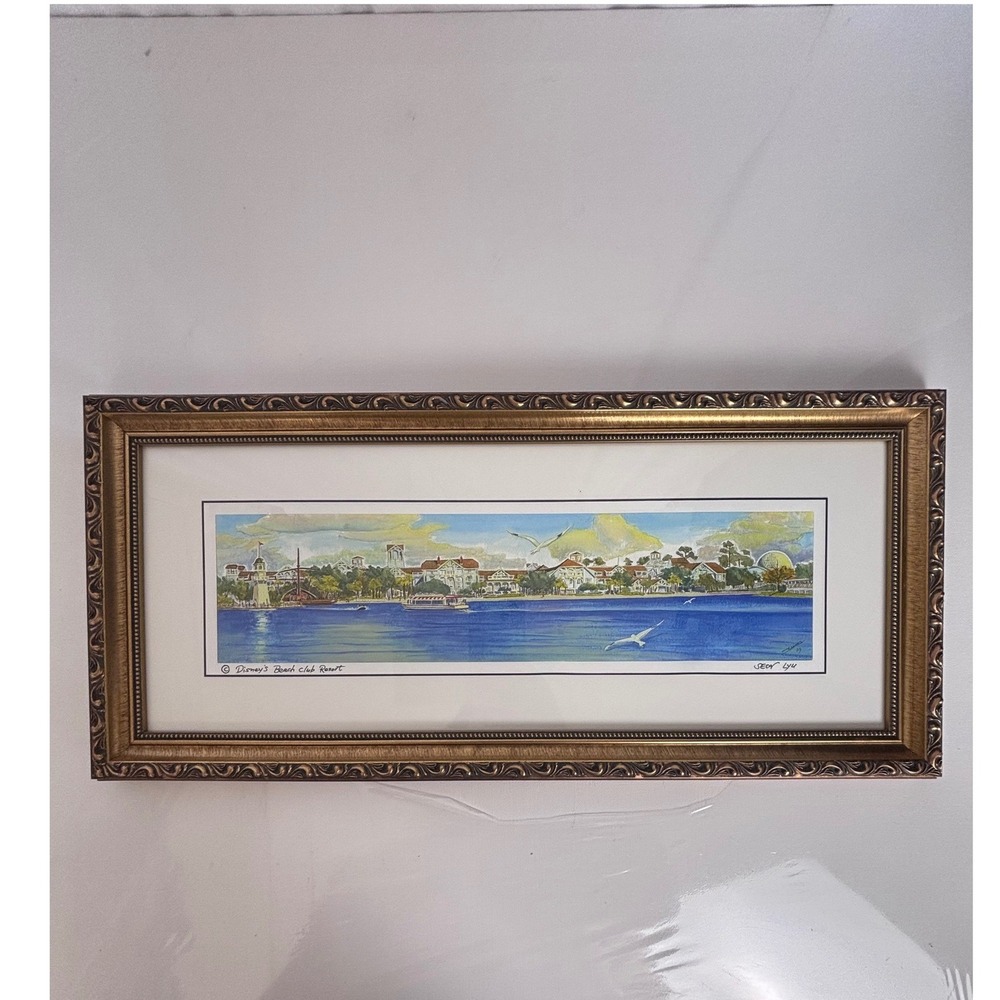 Disney Beach Club Resort Panoramic Framed Art Print Signed Seon Lyu 22.5x10.5